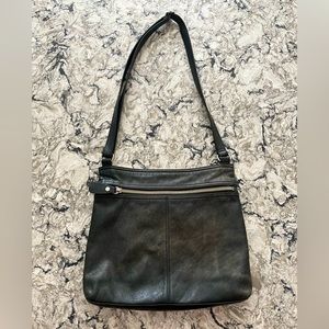 Margot genuine leather crossbody distressed black bag. Adjustable strap.